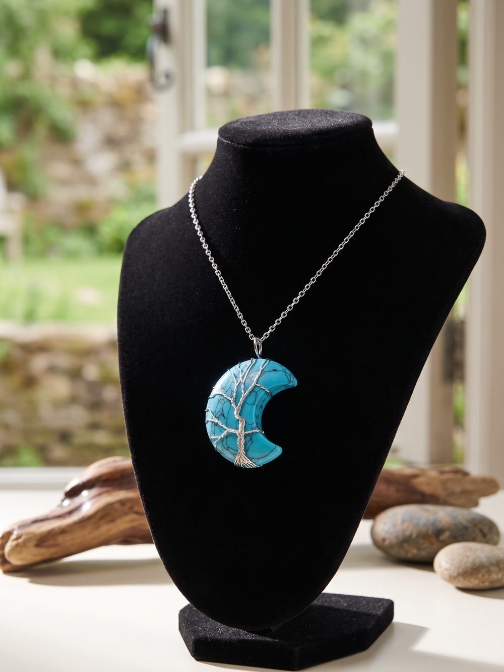 Turquoise Crescent Moon Tree of Life Necklace - Women's Jewelry